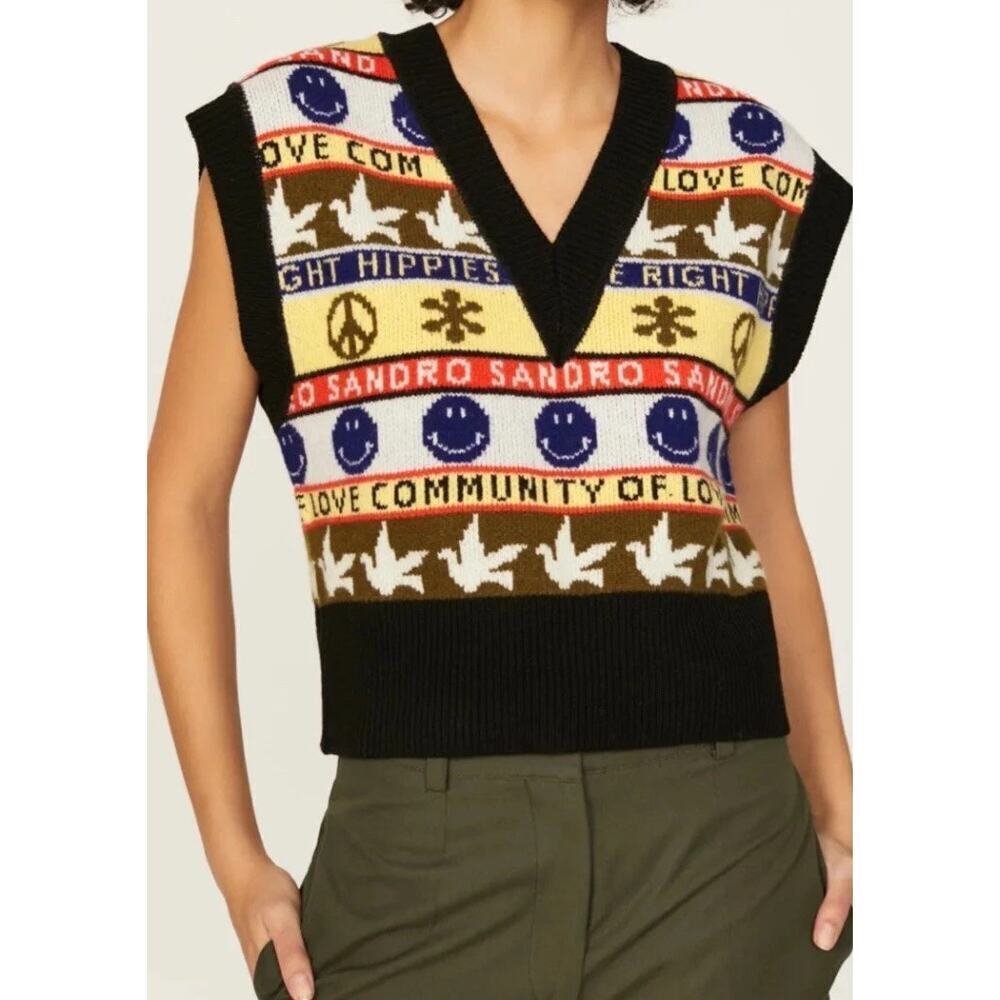 Sandro Smiley Connor Wool and Cashmere-Blend Swearter Vest Black Multi 1 US S